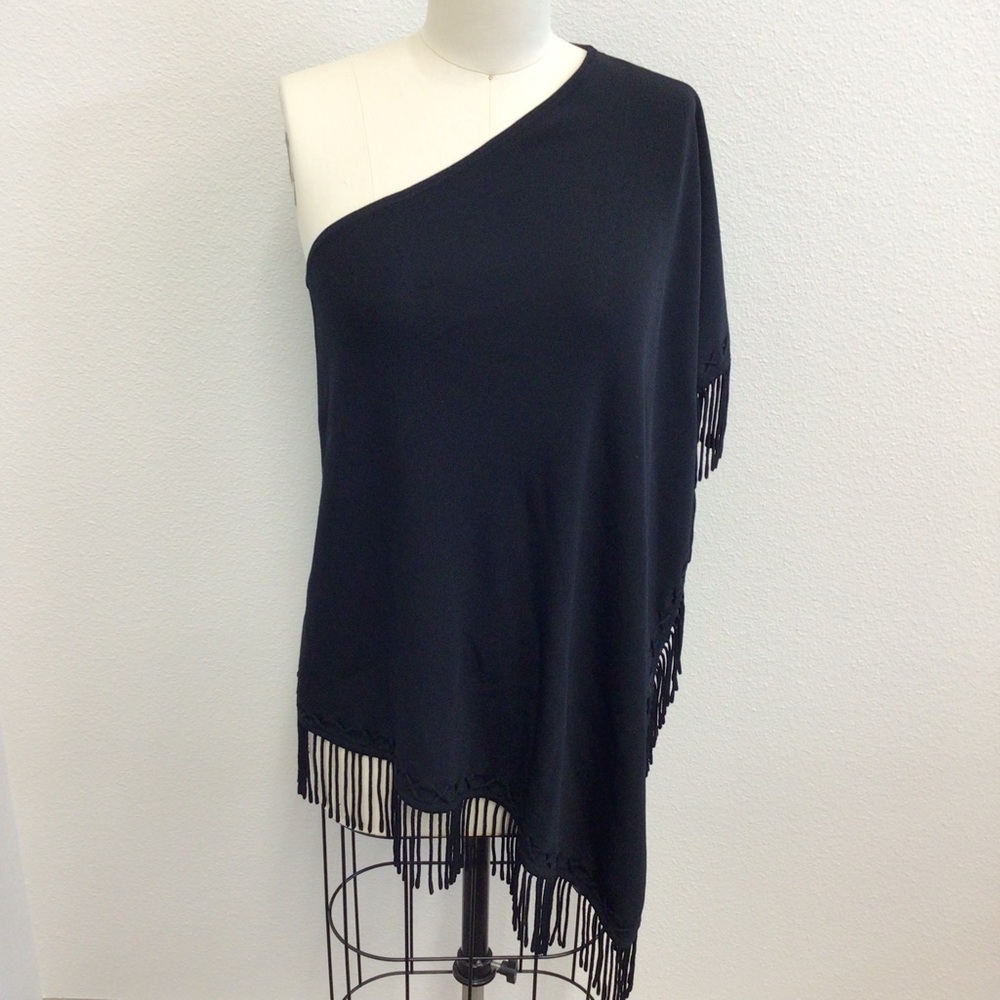 Double D Ranch one shoulder black fringe top